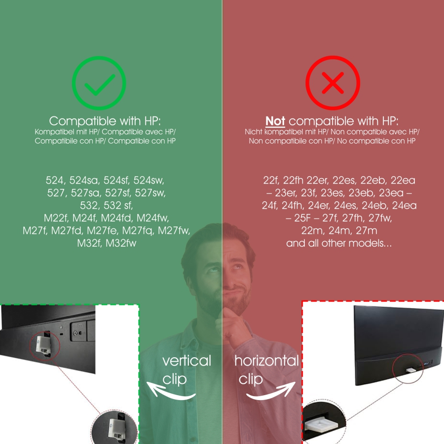 Adaptador VESA compatible con monitores HP (M22f, M24f, M24fd, M24fw, M27f, M27fe, M27fd, M27fq, M27fw, M32f, M32fw, 524sa, 524sf, 524sw, 527, 527sa, 527sf, 527sw, 532, 532 sf) - 75x75mm